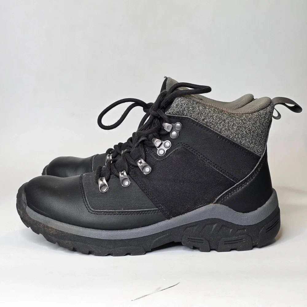 All In Motion Men's Winter Boots Size 7 Black Leather Fabric Ankle Shoes